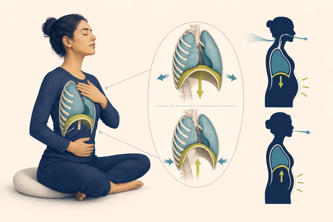 Editorial illustration about diaphragmatic breathing explained.