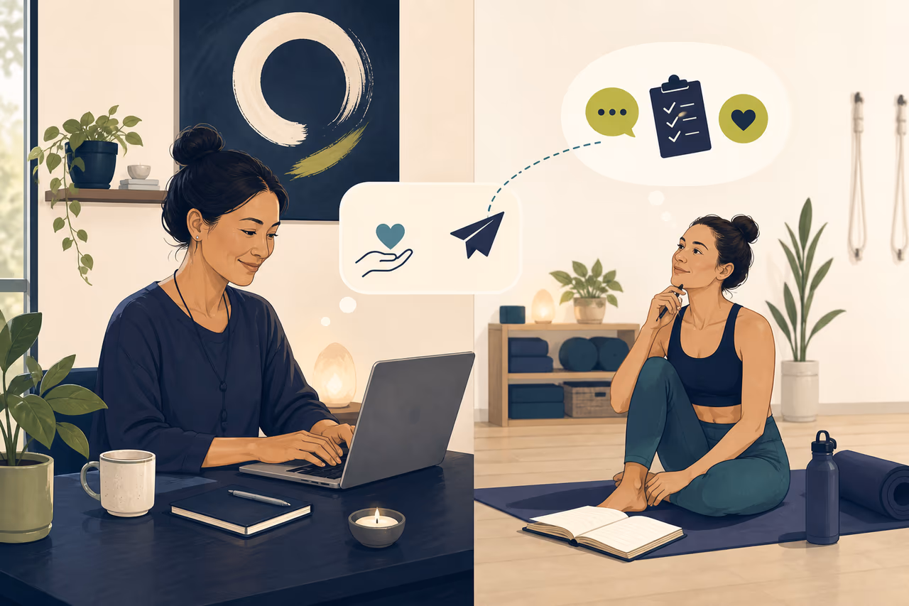 Editorial illustration about how to ask yoga students for useful reviews.