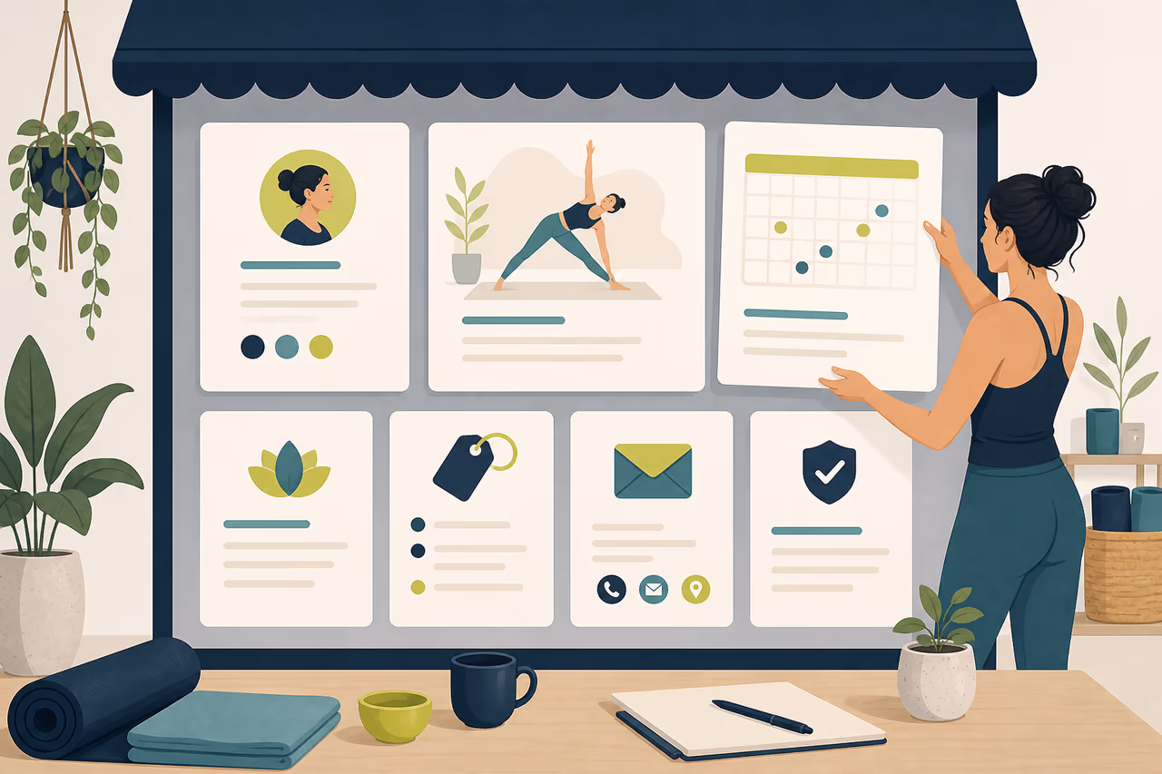 Editorial illustration about what a useful yoga teacher storefront should include.