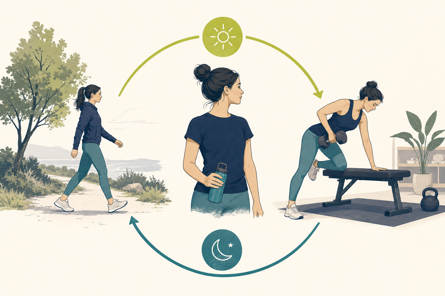 Editorial illustration about how to combine walking and strength training.