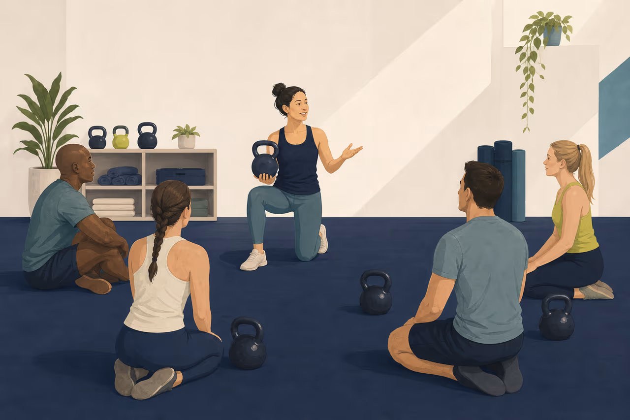 Editorial illustration about what to expect in a beginner kettlebell class.