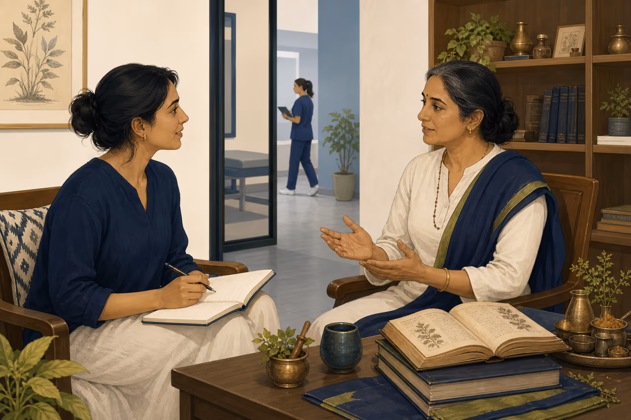 Editorial illustration about questions to ask an Ayurvedic practitioner.