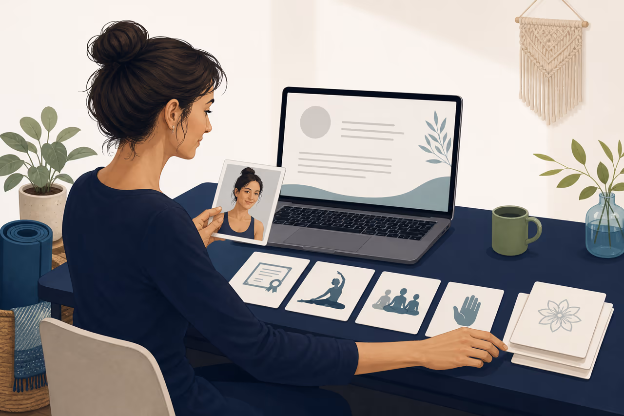 Editorial illustration about how to write a yoga teacher bio that builds trust.
