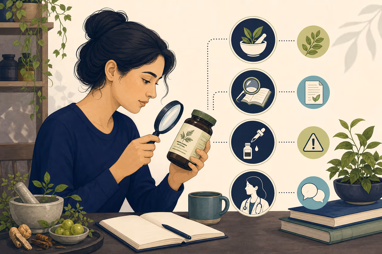 Editorial illustration about how to evaluate an Ayurvedic product claim.