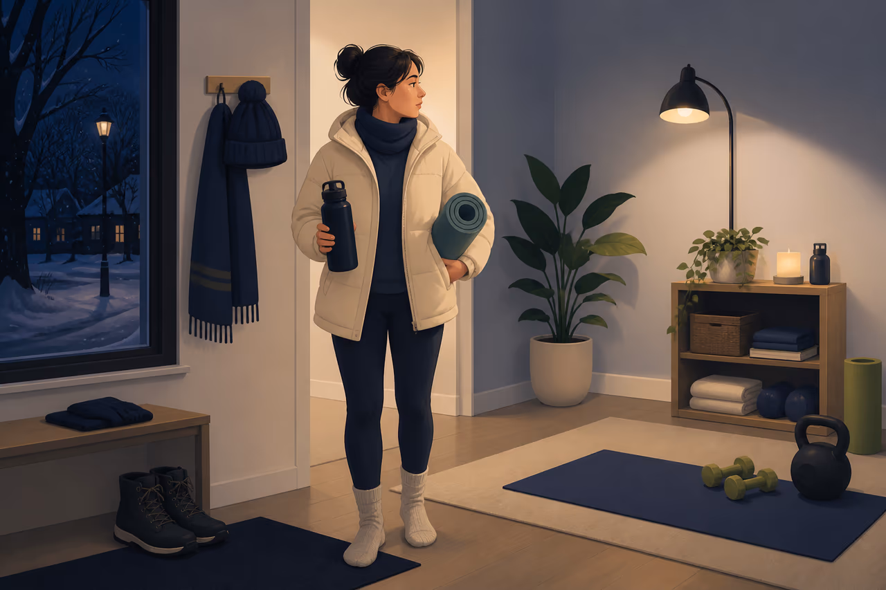 Editorial illustration about how to stay active during cold dark months.