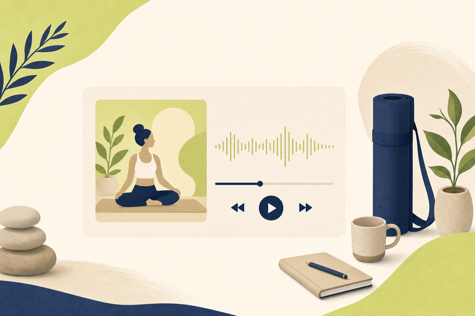 Illustration of a yoga audio player with waveform and playback controls