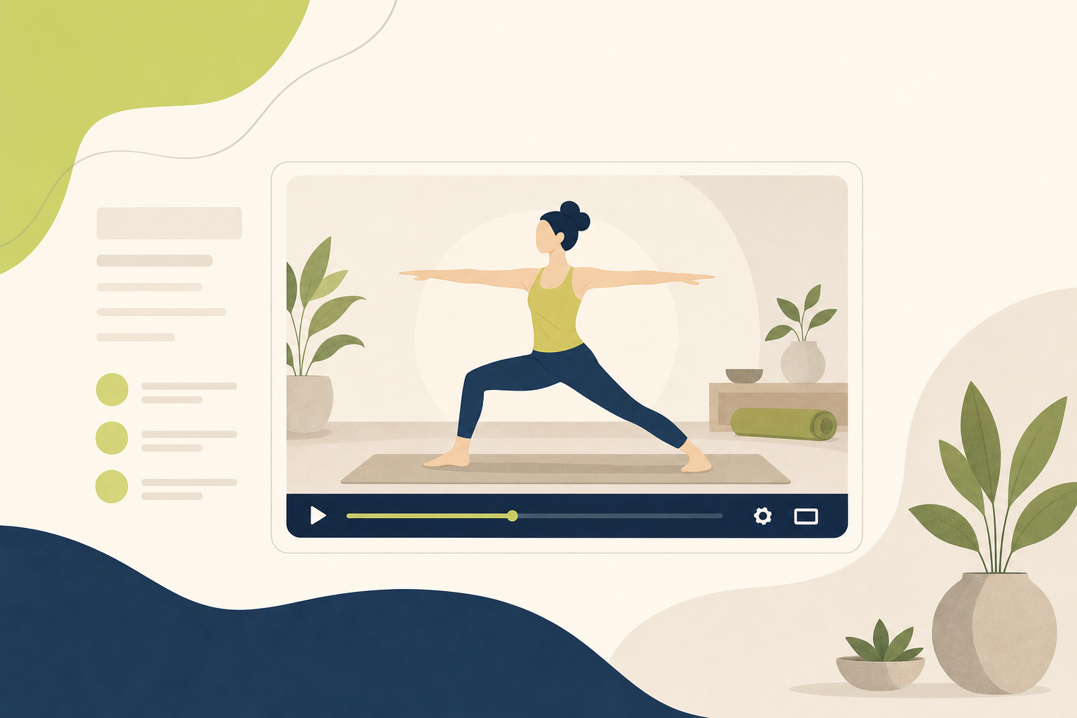 Illustration of a yoga video player showing a teacher in Warrior II