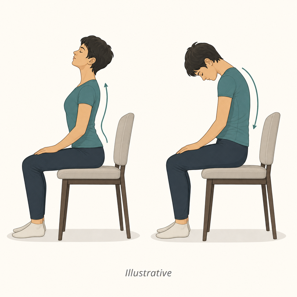 Illustration of a person seated, performing a gentle seated cat-cow stretch.
