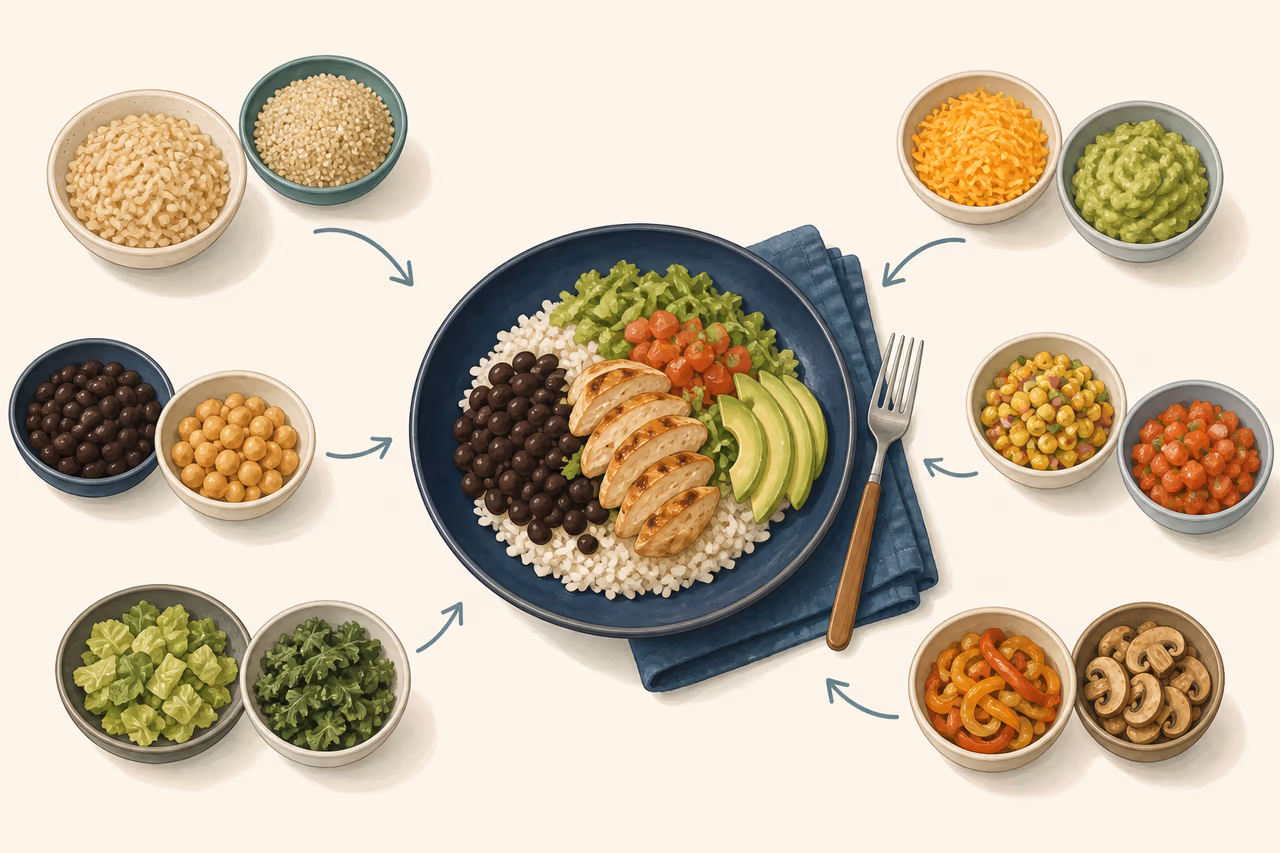 Editorial illustration about how to build variety into familiar meals.