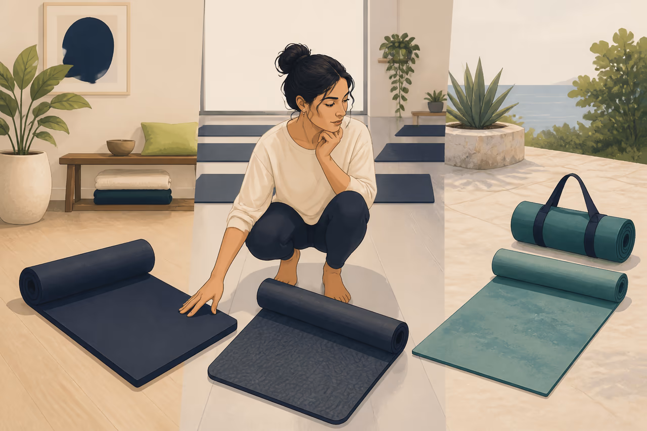 Editorial illustration about how to choose a yoga mat for your setting.