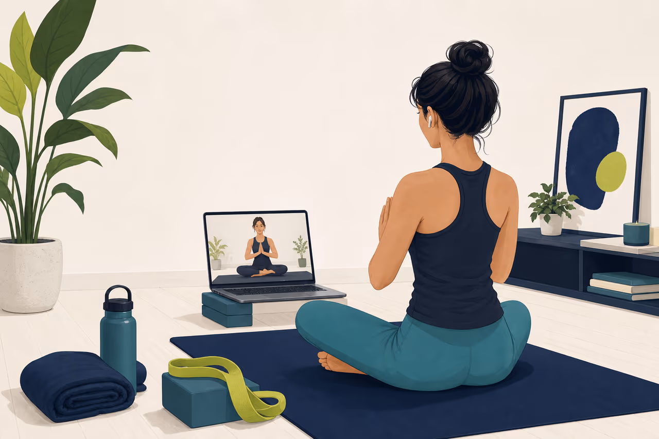 Editorial illustration about online yoga class etiquette for beginners.