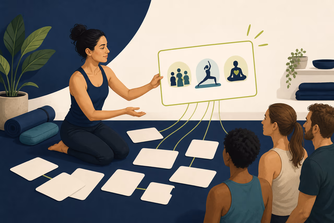 Editorial illustration about how to define a clear offer for a yoga business.