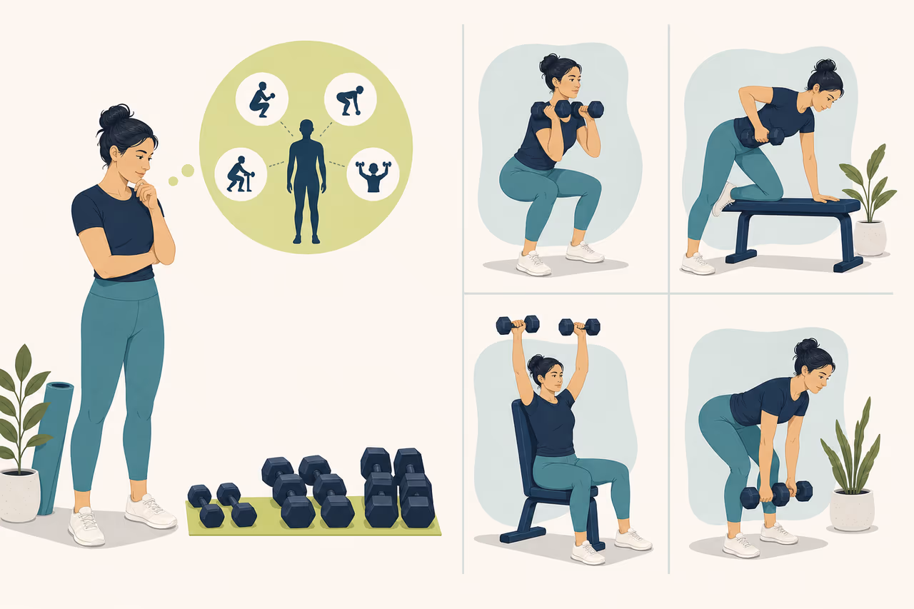 Editorial illustration about how to choose beginner dumbbell training.