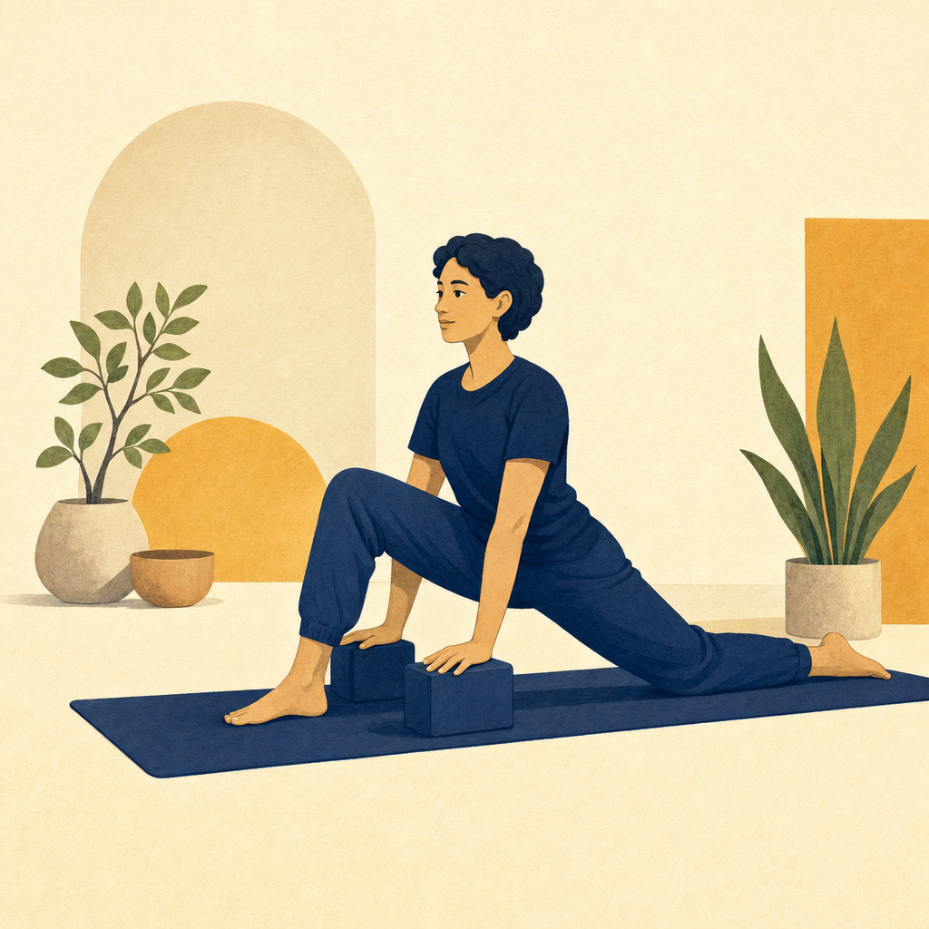 A practitioner in a supported low lunge with the right knee down.