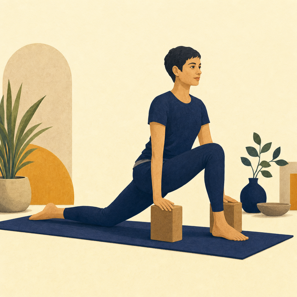 A practitioner in a supported low lunge with the left knee down.