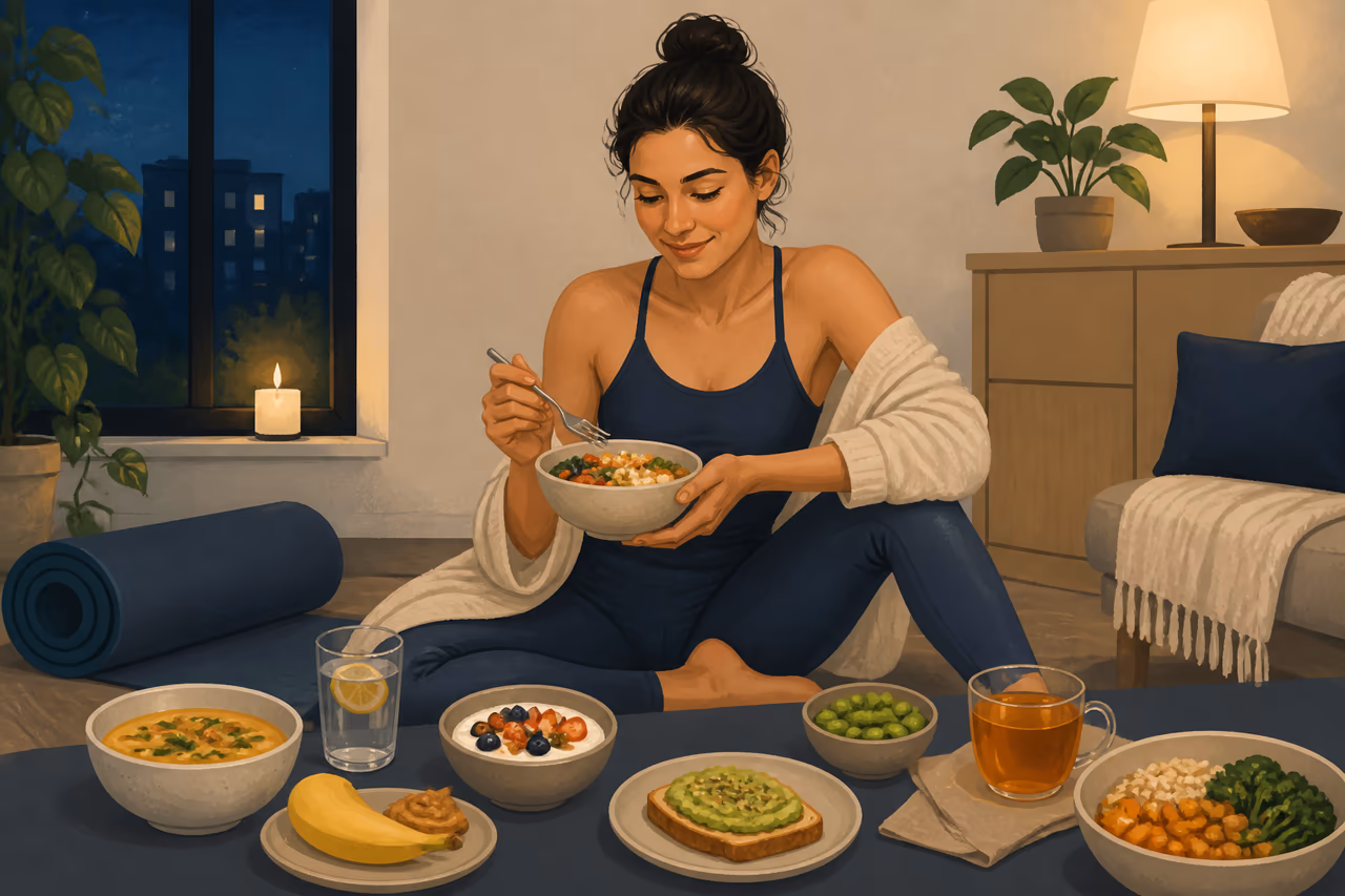 Editorial illustration about what to eat after an evening yoga class.
