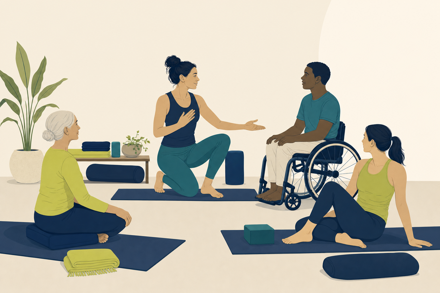 Editorial illustration about signs of an inclusive yoga teacher.