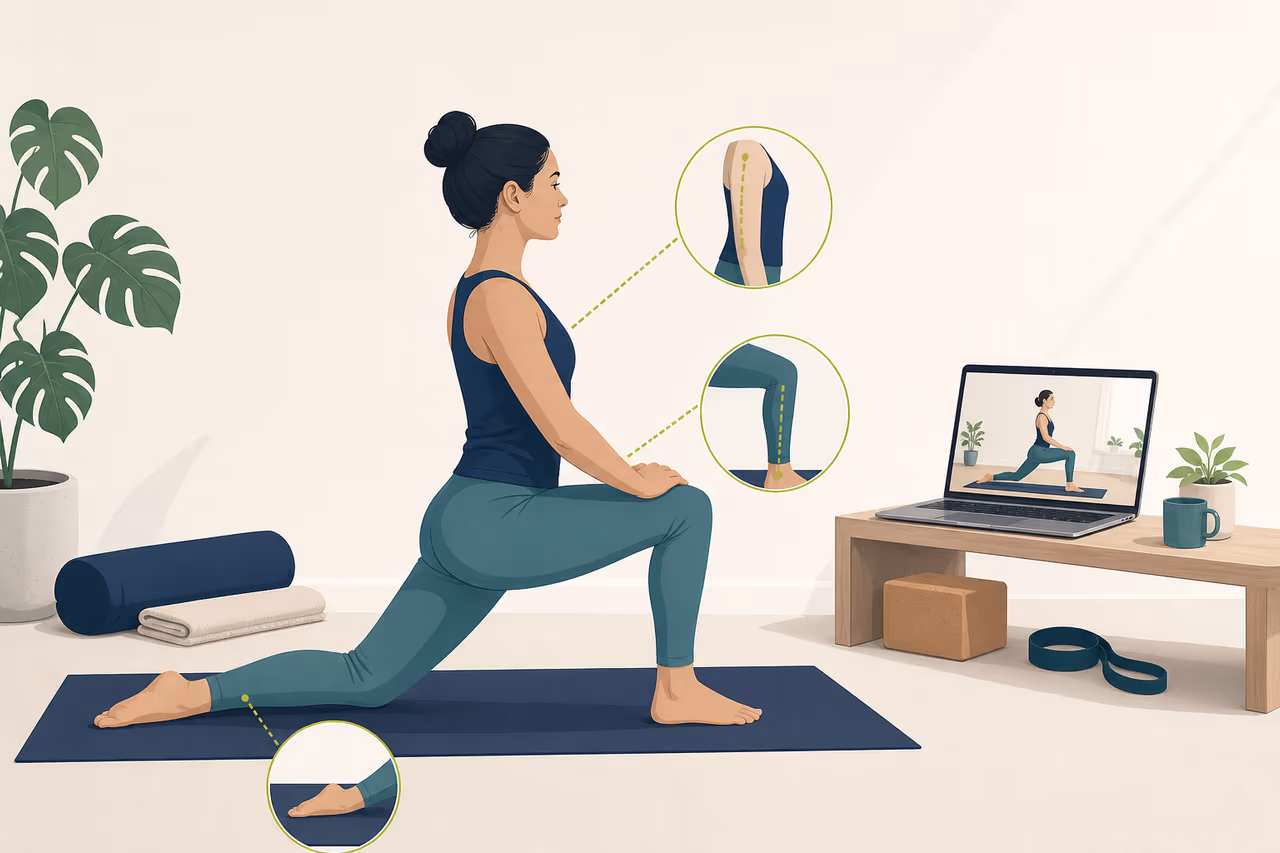 Editorial illustration about how to follow an online yoga video safely.