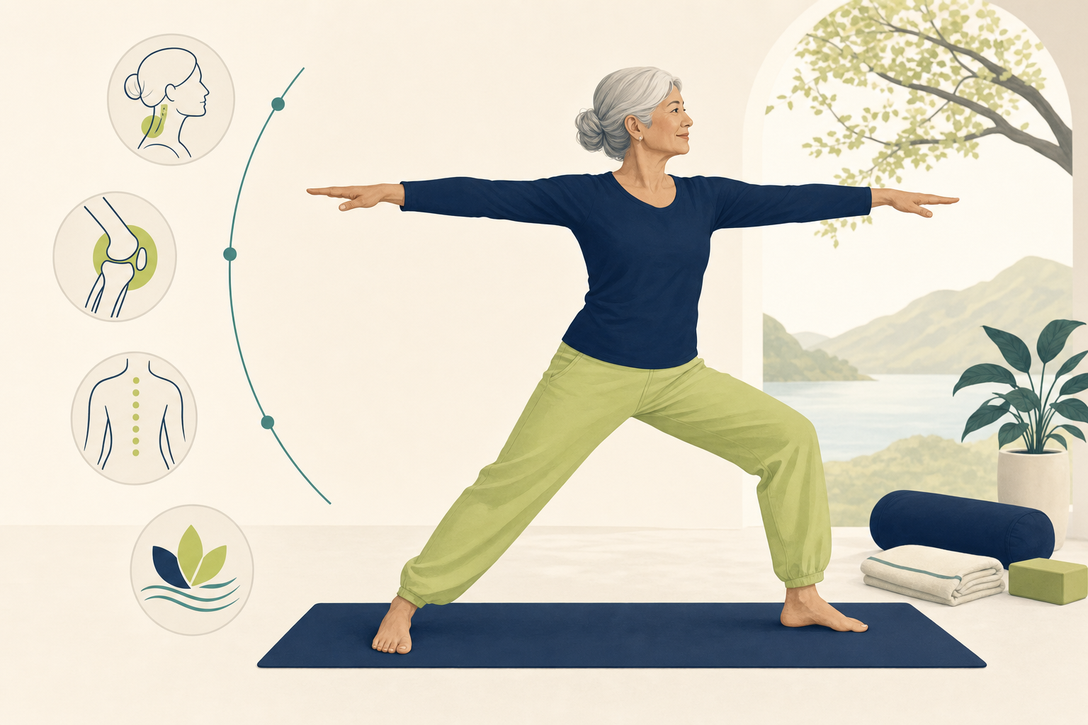 Editorial illustration about yoga for healthy ageing.