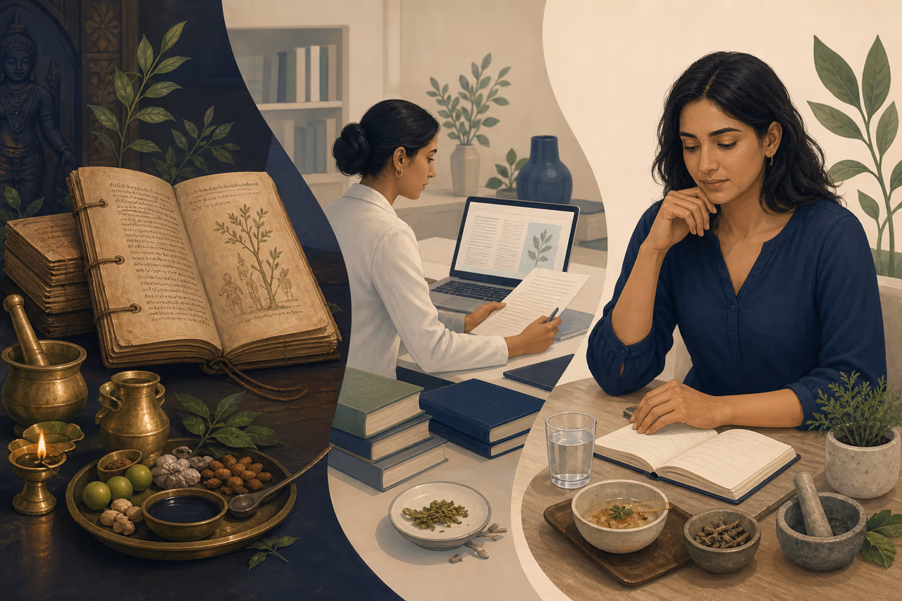 Editorial illustration about tradition evidence and personal choice in Ayurveda.