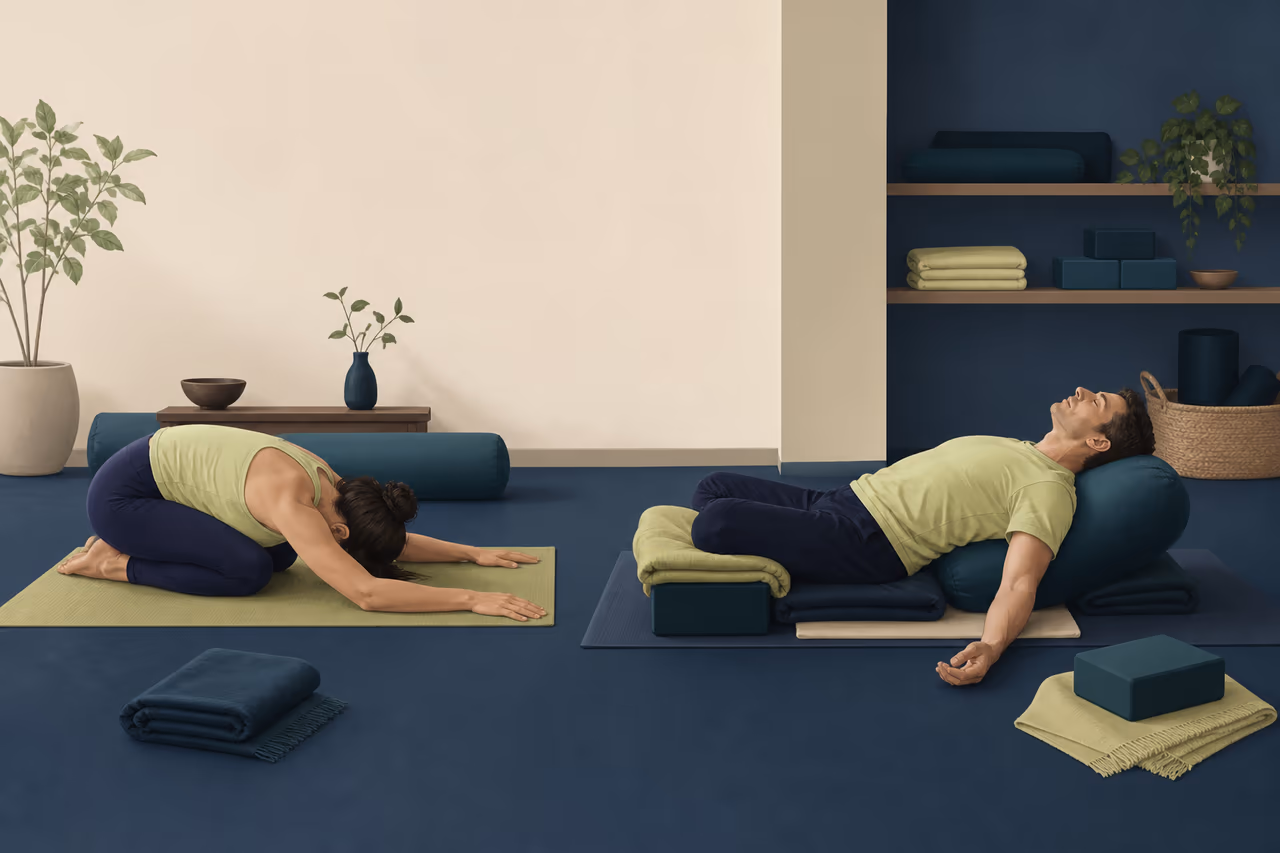 Editorial illustration about yin yoga vs restorative yoga.